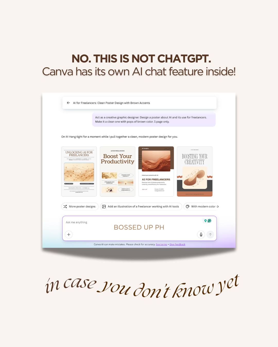I tried asking Canva’s AI assistant to design for me…
AND IT DELIVERED waaaay better than I expected.

Yes, we all know that 𝗖𝗮𝗻𝘃𝗮 = 𝗴𝗼𝗼𝗱 𝗱𝗲𝘀𝗶𝗴𝗻.

But it’s soooo cool to see it generate a design 𝗯𝗮𝘀𝗲𝗱 𝗼𝗻 𝗢𝗨𝗥 𝗣𝗥𝗢𝗠𝗣𝗧.

Diba? Para pa rin syang customized design talaga kasi we tell exactly what we want to see sa graphics.

If you haven’t yet watched my FREE tutorial on how to use this new Canva feature + some tips to generate good output,

comment Canva AI below and I’ll send you the link 🎨