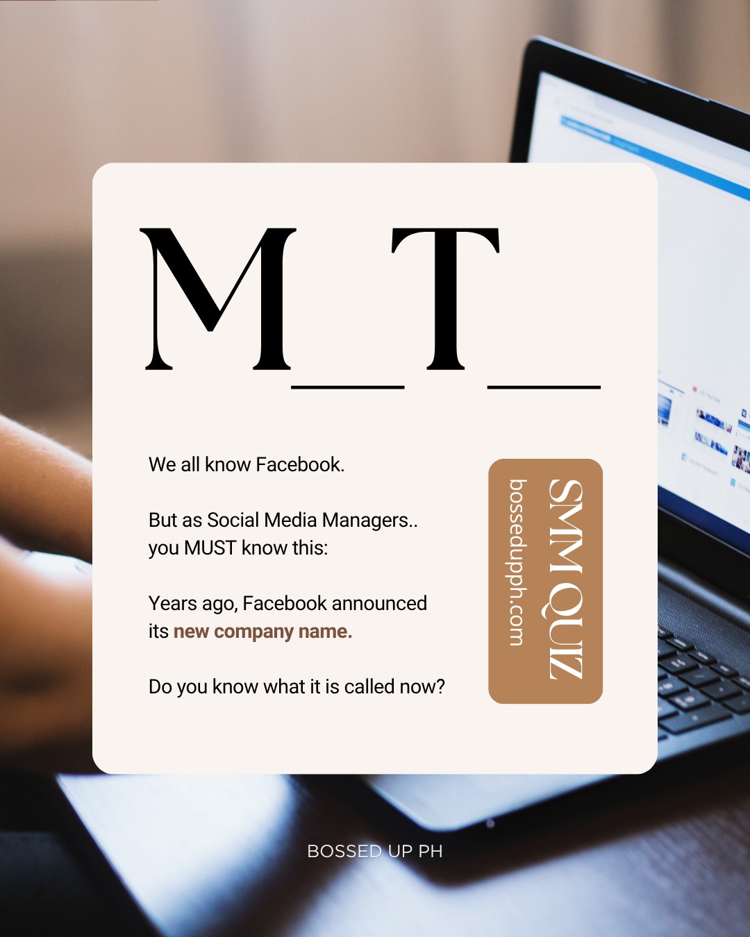 Everyone knows Facebook.
But if you are an 𝙖𝙨𝙥𝙞𝙧𝙞𝙣𝙜 Social Media Manager, this is SOMETHING you shouldn’t miss:

💻𝐌_𝐓_ (formerly the Facebook company)

Do you know this, Boss?
Comment below if aware ka na sa term na ‘to 👇