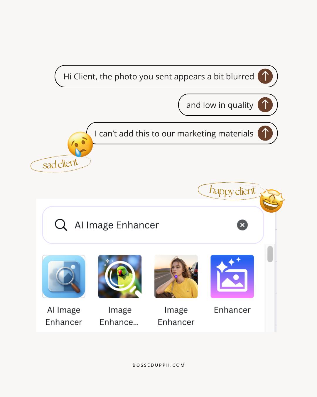 POV: The client sent a blurry marketing material image,
but you know you can enhance it with AI 😌

Yes, this is most likely to happen, Bosses!
𝗦𝗼 𝗺𝗮𝗸𝗲 𝘀𝘂𝗿𝗲 𝘆𝗼𝘂 𝗸𝗻𝗼𝘄 𝗮 𝗳𝗲𝘄 𝘄𝗼𝗿𝗸𝗮𝗿𝗼𝘂𝗻𝗱𝘀 💻

🎨One way to easily solve this common issue is to use Canva!
Just upload the image to your design board and search for “𝗔𝗜 𝗜𝗺𝗮𝗴𝗲 𝗘𝗻𝗵𝗮𝗻𝗰𝗲𝗿”

…and that’s it! Yup, it’s that easy!

🔖 If you want 𝗺𝗼𝗿𝗲 𝗧𝗨𝗧𝗢𝗥𝗜𝗔𝗟𝗦 𝗼𝗻 𝗵𝗼𝘄 𝘁𝗼 𝘂𝘀𝗲 𝗔𝗜 𝗶𝗻𝘀𝗶𝗱𝗲 𝗖𝗮𝗻𝘃𝗮…
check out the link in the comments 👇