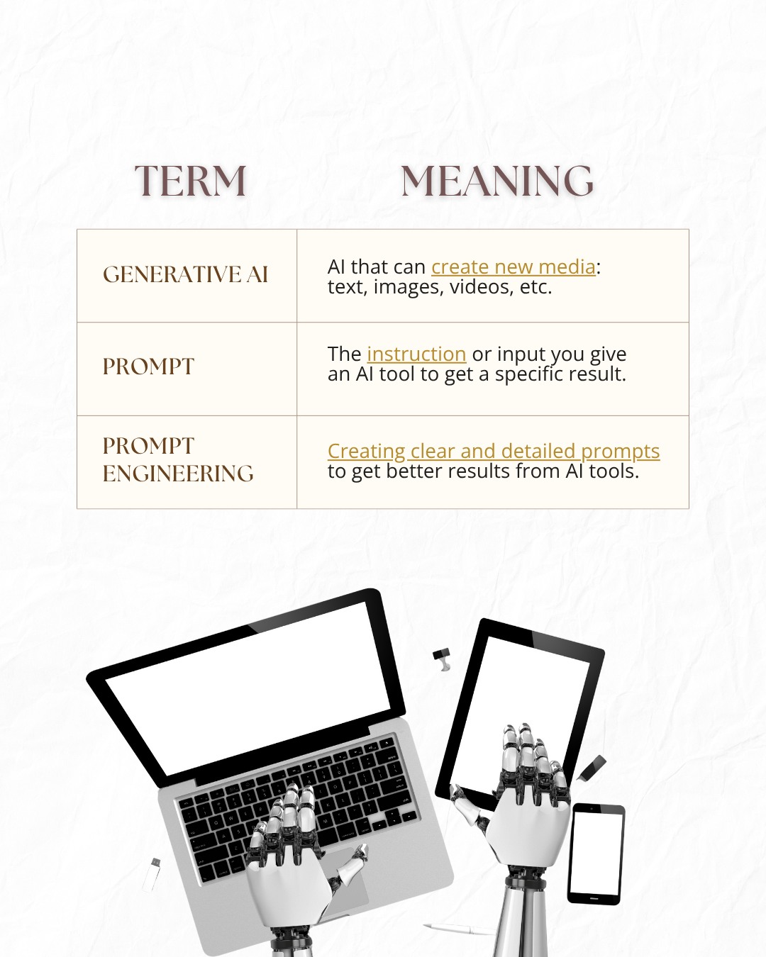 Some clients you’ll meet…
love maximizing AI and they may give you instructions about it.

So make sure you understand them when they say terms like these, Bosses!

🤖𝗚𝗘𝗡𝗘𝗥𝗔𝗧𝗜𝗩𝗘 𝗔𝗜 yan yung tools like ChatGPT, Gemini, Perplexity, Canva AI, etc. na nagcre-create ng mga media outputs na need natin.

⌨️𝗣𝗥𝗢𝗠𝗣𝗧 yung text, description, or instruction na tina-type mo sa AI tools.

👨🏻‍💻𝗣𝗥𝗢𝗠𝗣𝗧 𝗘𝗡𝗚𝗜𝗡𝗘𝗘𝗥𝗜𝗡𝗚 naman is kung paano mo binubuo ang prompt to make sure na goods yung i-gegenerate ng Generative AI.

Oki doki?
Clear ba, Bosses?

If you want to understand more about AI, meron na tayong 3 𝗻𝗲𝘄 𝗙𝗥𝗘𝗘 𝘁𝘂𝘁𝗼𝗿𝗶𝗮𝗹𝘀 sa AI Playlist natin 🥳

If you want access, just comment “AI tutorials” para masend agad sayo yung videos 😁