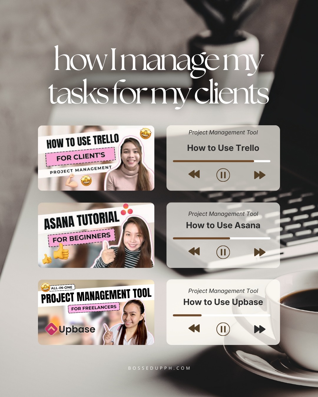 This is how I manage client tasks, my personal tasks, and my business to-do lists (without losing my mind 😆charot)

The key isssss ⚙️𝗽𝗿𝗼𝗷𝗲𝗰𝘁 𝗺𝗮𝗻𝗮𝗴𝗲𝗺𝗲𝗻𝘁 𝘁𝗼𝗼𝗹𝘀!

Actually, maraming pwede pero ang 3 na usually gamit ko with clients are these:

👉𝗧𝗿𝗲𝗹𝗹𝗼: best for non-techy clients
simple boards, easy task-tracking, minimal setup

👉𝗔𝘀𝗮𝗻𝗮: best for complex projects
clear timelines, step-by-step task flow, and progress tracking

👉𝗨𝗽𝗯𝗮𝘀𝗲: best for techy clients
detailed planning, tasks, docs, and daily organization in one place

I’ve created a playlist for Project Management.
If you want, I can send it to you!

Comment “Project Management” if you’re interested, Bosses 💻