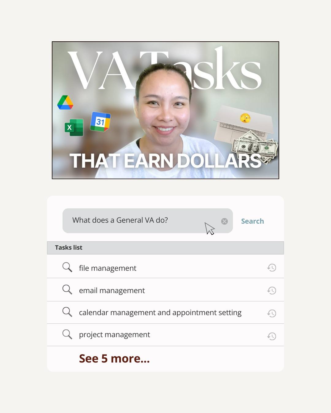 Some people think VA work is “just typing.”
It’s not 😅

VA tasks include:
📌 Managing and responding to emails
📌 Scheduling meetings
📌 Handling social media accounts
📌 Doing research and data entry
📌 Organizing files

Basically, you help business owners (clients) save time so they can focus on growing their business.

You don’t need to master everything agad.

For now, as an aspiring VA, just learn the basics of these tasks and understand ano ba talaga ang ginagawa ng isang General VA.

I have a free video where I talked about some of the tasks that I do for my clients.

If you wanna watch it, just comment “VA Tasks” below and it’ll be sent to you agad 💻