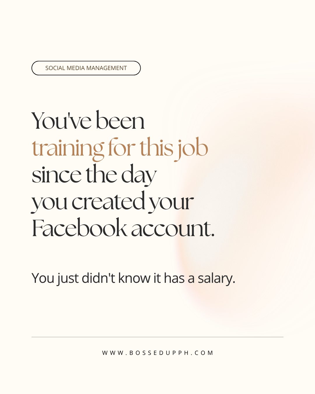 You already have the #𝟭 𝘀𝗸𝗶𝗹𝗹 𝘆𝗼𝘂 𝗻𝗲𝗲𝗱 to become a Social Media Manager 👀

If you use Facebook, Instagram, TikTok, or any social media platform, kahit 1 lang dyan sa mga yan ang sanay ka nang gamitin…you already have a head start!

Yes, etong service na i-ooffer nyo sa clients, it doesn't need a degree or fancy certifications. You just need to understand social media, Bosses.

But first, you have to know the difference between a Social Media Engager, Manager, and Marketer. Kasi baka malito ka sa makikita mong Job Title sa mga job posts.

✅ Engager: replies to DMs, comments, queries
✅ Manager: creates content, schedules posts, makes graphics, writes captions, and handles analytics
✅ Marketer: drives sales, handles paid ads, focuses on conversions

Most small businesses hire 1 person to do all these, so it’s good to learn more about these 3, Bosses.

Watch the full video sa comment section to learn the exact 5-step process I used when I was just starting out my SMM journey 👇