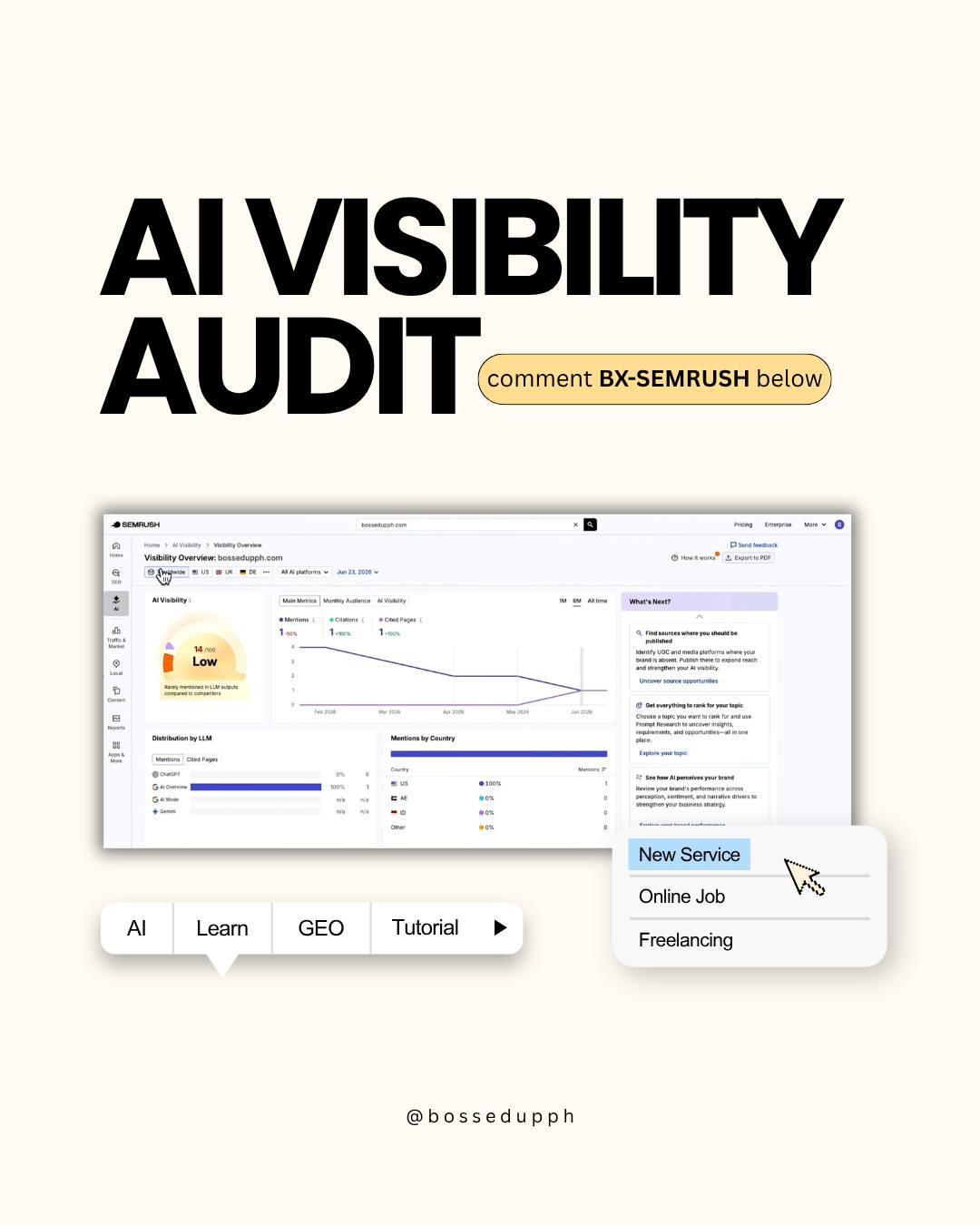Here’s a 𝗻𝗲𝘄 𝗳𝗿𝗲𝗲𝗹𝗮𝗻𝗰𝗲 𝘀𝗲𝗿𝘃𝗶𝗰𝗲 𝗶𝗱𝗲𝗮, Bosses! 💰

More and more business owners want to know if AI tools are recommending their brand because customers aren't just searching on Google anymore.

They're also consulting AI before deciding what to buy, who to hire as a coach, or which business to trust.

So yes, this skill is going to be helpful and valuable to clients.

If you're planning to upskill this year, this could be another service you can confidently add to your offers, Bosses 💻

𝗜𝗳 𝘆𝗼𝘂 𝘄𝗮𝗻𝗻𝗮 𝗸𝗻𝗼𝘄 𝗛𝗢𝗪,
comment BX-SEMRUSH and I’ll send you the link so you can watch it (for free!)