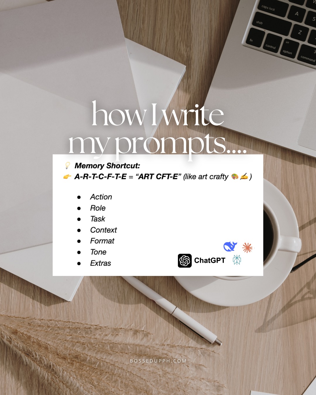 This is how I write a prompt sa ChatGPT and other AI tools like it.
And para mas madali ko syang maremember, I use ART CFT-E 🎨sounds like ART CRAFTY

→ 𝗔𝗰𝘁𝗶𝗼𝗻: anong gagawin nya
(𝘢𝘤𝘵, 𝘵𝘩𝘪𝘯𝘬, 𝘦𝘵𝘤.)

→ 𝗥𝗼𝗹𝗲: as what
(𝘢 𝘤𝘰𝘢𝘤𝘩, 𝘢 𝘴𝘰𝘤𝘪𝘢𝘭 𝘮𝘦𝘥𝘪𝘢 𝘮𝘢𝘯𝘢𝘨𝘦𝘳)

→ 𝗧𝗮𝘀𝗸: anong need mo from it
(𝘭𝘪𝘴𝘵 𝘤𝘰𝘶𝘳𝘴𝘦 𝘰𝘶𝘵𝘭𝘪𝘯𝘦, 𝘸𝘳𝘪𝘵𝘦 𝘢 𝘱𝘰𝘴𝘵)

→ 𝗖𝗼𝗻𝘁𝗲𝘅𝘁: para kanino yung magegenerate and any background info
(𝘧𝘰𝘳 𝘢𝘴𝘱𝘪𝘳𝘪𝘯𝘨 𝘧𝘳𝘦𝘦𝘭𝘢𝘯𝘤𝘦𝘳𝘴 𝘸𝘩𝘰 𝘸𝘢𝘯𝘵 𝘵𝘰 𝘴𝘵𝘢𝘳𝘵 𝘸𝘰𝘳𝘬𝘪𝘯𝘨 𝘧𝘳𝘰𝘮 𝘩𝘰𝘮𝘦,
𝘧𝘰𝘳 𝘧𝘦𝘮𝘢𝘭𝘦𝘴 𝘪𝘯𝘵𝘦𝘳𝘦𝘴𝘵𝘦𝘥 𝘪𝘯 𝘵𝘢𝘬𝘪𝘯𝘨 𝘵𝘩𝘦𝘪𝘳 𝘴𝘬𝘪𝘯 𝘤𝘢𝘳𝘦 𝘵𝘰 𝘵𝘩𝘦 𝘯𝘦𝘹𝘵 𝘭𝘦𝘷𝘦𝘭)

→ 𝗙𝗼𝗿𝗺𝗮𝘁: anong structure ang gusto mo or if may limit lang
(𝘭𝘪𝘴𝘵 𝘪𝘯 𝘣𝘶𝘭𝘭𝘦𝘵𝘴, 𝘊𝘛𝘈-𝘧𝘪𝘳𝘴𝘵 𝘧𝘰𝘳𝘮𝘢𝘵)
(5 𝘴𝘦𝘤𝘵𝘪𝘰𝘯𝘴, 200 𝘸𝘰𝘳𝘥𝘴 𝘰𝘯𝘭𝘺)

→ 𝗧𝗼𝗻𝗲: ano dapat na tone or vibe
(𝘤𝘭𝘦𝘢𝘳 𝘢𝘯𝘥 𝘱𝘳𝘢𝘤𝘵𝘪𝘤𝘢𝘭, 𝘧𝘳𝘪𝘦𝘯𝘥𝘭𝘺)

→ 𝗘𝘅𝘁𝗿𝗮𝘀: kung meron ka pang gustong idagdag
(𝘨𝘶𝘪𝘥𝘦, 𝘦𝘹𝘢𝘮𝘱𝘭𝘦𝘴, 𝘦𝘵𝘤.)

Kung bubuuin natin yung prompt based sa sample, eto yung una, Bosses:
🤖𝗔𝗰𝘁 𝗮𝘀 𝗮 𝗰𝗼𝗮𝗰𝗵. 𝗟𝗶𝘀𝘁 𝗮 𝗰𝗼𝘂𝗿𝘀𝗲 𝗼𝘂𝘁𝗹𝗶𝗻𝗲 𝗳𝗼𝗿 𝗮𝘀𝗽𝗶𝗿𝗶𝗻𝗴 𝗳𝗿𝗲𝗲𝗹𝗮𝗻𝗰𝗲𝗿𝘀 𝘄𝗵𝗼 𝘄𝗮𝗻𝘁 𝘁𝗼 𝘀𝘁𝗮𝗿𝘁 𝘄𝗼𝗿𝗸𝗶𝗻𝗴 𝗳𝗿𝗼𝗺 𝗵𝗼𝗺𝗲. 𝗟𝗶𝘀𝘁 𝗶𝗻 𝗯𝘂𝗹𝗹𝗲𝘁𝘀 𝘄𝗶𝘁𝗵 𝟱 𝘀𝗲𝗰𝘁𝗶𝗼𝗻𝘀, 𝗰𝗹𝗲𝗮𝗿 𝗮𝗻𝗱 𝗽𝗿𝗮𝗰𝘁𝗶𝗰𝗮𝗹.

Did you get it, Bosses?
You can try buuin yung second sample para may practice kayo :)

And if you want a 𝗱𝗲𝘁𝗮𝗶𝗹𝗲𝗱 𝘃𝗶𝗱𝗲𝗼 para makita nyo 𝗵𝗼𝘄 𝗜 𝗮𝗰𝘁𝘂𝗮𝗹𝗹𝘆 𝗱𝗼 𝗶𝘁,
🔗 comment down GOLDEN PROMPT so I can send you agad the free tutorial!