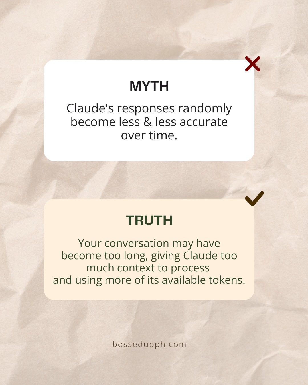 Do you also notice na medyo bumababa ang quality ng responses ni Claude pag matagal nyo na ginagamit?

Sometimes, it’s because of our prompts talaga.
BUT…sometimes, 𝗶𝘁 𝗺𝗶𝗴𝗵𝘁 𝗯𝗲 𝘆𝗼𝘂𝗿 𝗰𝗵𝗮𝘁 𝗵𝗶𝘀𝘁𝗼𝗿𝘆.

Because every time you continue the same conversation, Claude doesn't just read your latest message. It also considers the previous messages to understand the context.

So, as your chat gets longer:
🧠 There's more information to process
🐢 Responses can become slower

That’s why I suggest that 𝗳𝗼𝗿 𝗲𝘃𝗲𝗿𝘆 𝗻𝗲𝘄 𝘁𝗮𝘀𝗸, 𝘆𝗼𝘂 𝘀𝘁𝗮𝗿𝘁 𝗮 𝗻𝗲𝘄 𝗰𝗼𝗻𝘃𝗲𝗿𝘀𝗮𝘁𝗶𝗼𝗻.

But of course, meron din other factors like your Claude plan and if you totally hit the limit, you can wait for the 5-hour window.

I explained more about this topic ng 𝗧𝗮𝗴𝗮𝗹𝗼𝗴 𝗮𝗻𝗱 𝗶𝗻 𝗱𝗲𝘁𝗮𝗶𝗹 𝗶𝗻 𝗺𝘆 𝗖𝗹𝗮𝘂𝗱𝗲 𝟭𝟬𝟭 𝘃𝗶𝗱𝗲𝗼.
If you want to watch it for free, just comment CLAUDE 101 💬