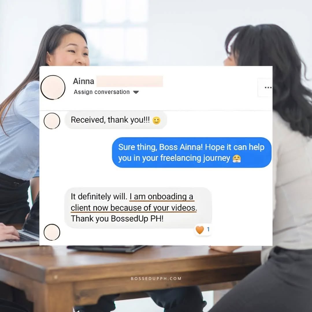 𝗢𝗻𝗯𝗼𝗮𝗿𝗱𝗶𝗻𝗴 𝘁𝗶𝗺𝗲 is, of course, EXCITING (may client na woohooo!!)
but can also be overwhelming for most newbie Social Media Managers.

Glad that Boss Ainna said that our 𝗪𝗲𝗹𝗰𝗼𝗺𝗲 𝗣𝗮𝗰𝗸𝗲𝘁 𝗧𝗲𝗺𝗽𝗹𝗮𝘁𝗲 would definitely help her in her freelancing journey 😍🤍 

If you also need a copy ng onboarding template, feel free to comment BUP-WPT so I can send you the details, Bosses! 👇