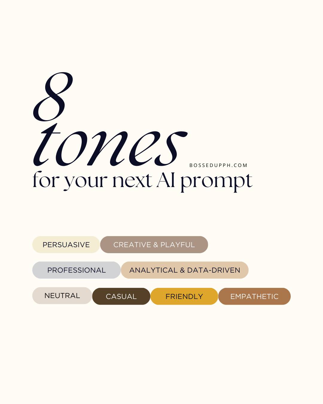 Here are some tone instructions na pwede mo gamitin if you’ll ask ChatGPT/other AI tools to help you with your freelance page content or even sa kahit anong writing task!

✓ persuasive
✓ creative and playful
✓ professional
✓ analytical and data-driven
✓ neutral
✓ casual
✓ friendly
✓ empathetic

Do you have na your own freelance social media page, Bosses?
👇If yes, anong brand voice/tone mo when writing your caption?