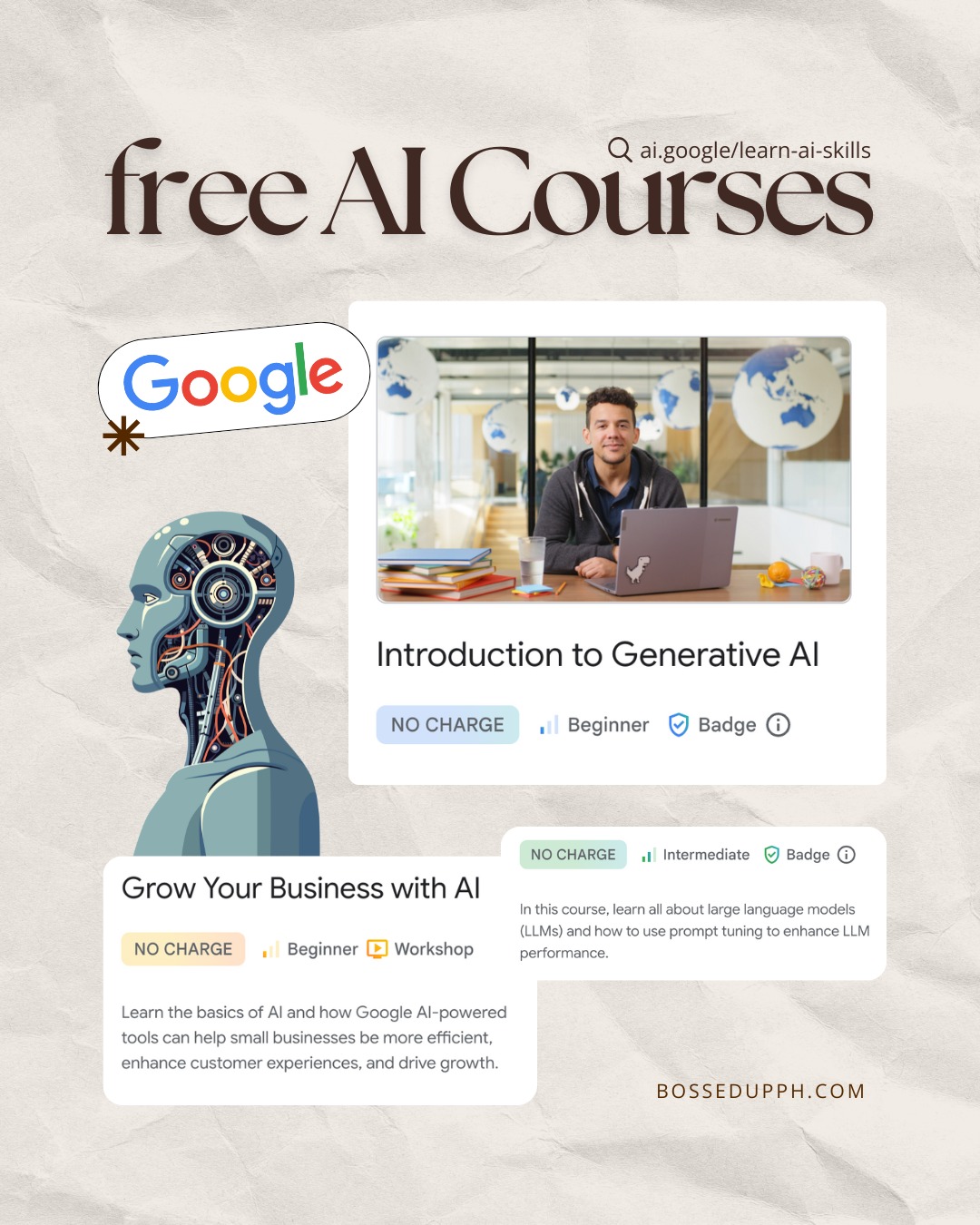 𝗳𝗿𝗲𝗲 𝗰𝗼𝘂𝗿𝘀𝗲𝘀 𝗙𝗥𝗢𝗠 𝗚𝗢𝗢𝗚𝗟𝗘 (yep, courses from Google) 🤩
that can give us more insights about Generative AI or the use of AI sa business natin or business ni client 💻

👇I shared the link sa comments in case you wanna take any of their AI courses, Bosses!