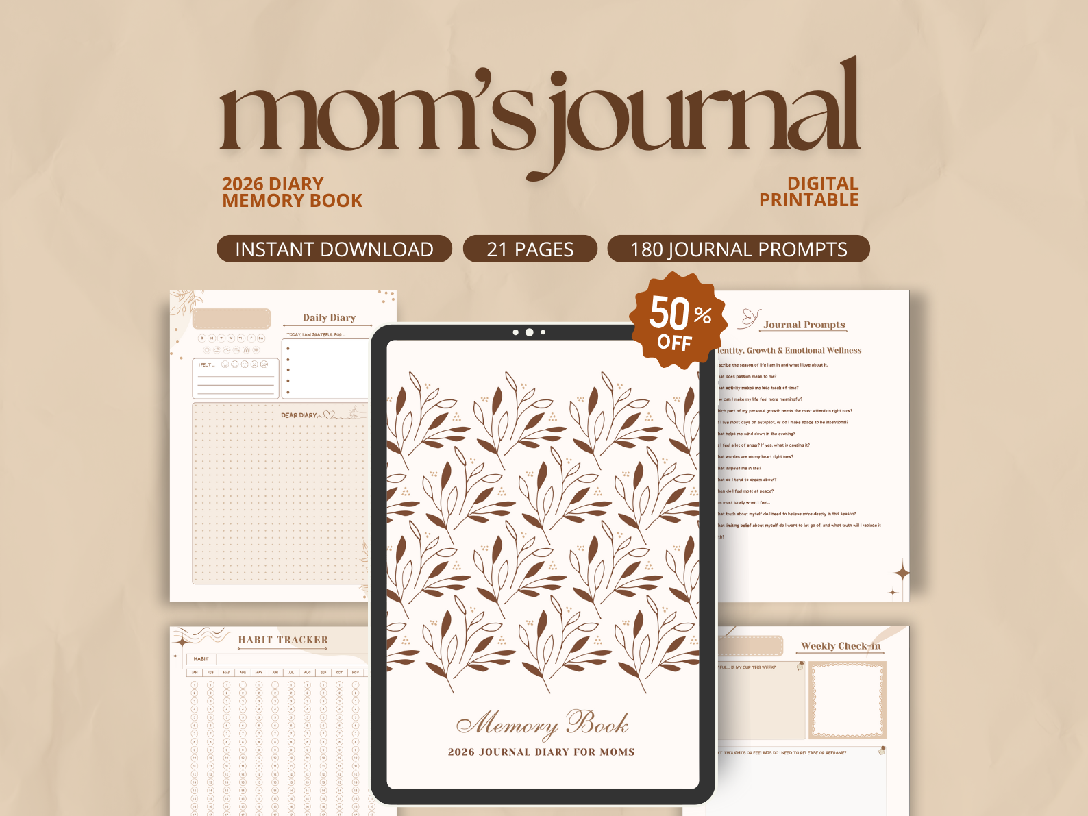 2026 Journal Diary For Moms | Printable PDF Journaling Prompts & Reflection Pages | Daily Habit Tracker Monthly Memory Book (Digital Download)