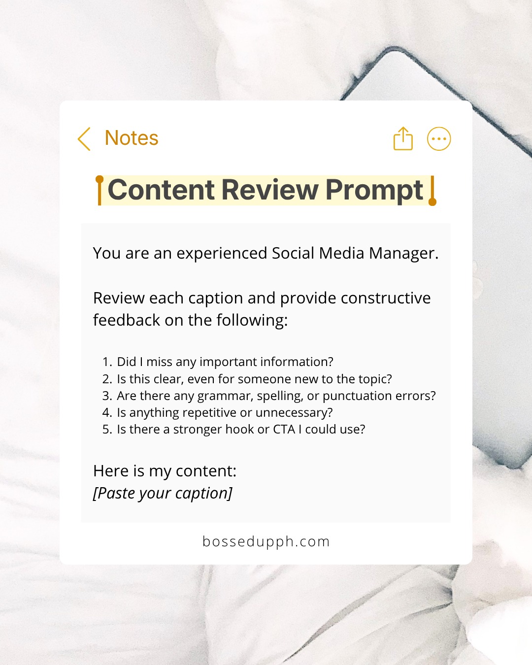 Do you know how to use AI to check your work for your SMM clients, Bosses?

So, after you finish creating content, you can paste it into ChatGPT, Claude, Gemini, or your preferred AI tool and then, ask:

✨ Did I miss any important information?
✨ Is this clear, even for someone new to the topic?
✨ Are there any grammar, spelling, or punctuation errors?
✨ Is anything repetitive or unnecessary?
✨ Is there a stronger hook or CTA I could use?

Because if you notice, we sometimes miss small errors after working on our content for 30 minutes or after several hours. So, having a second pair of eyes (aka any AI tool that you prefer) can help us make sure na quality talaga ang masubmit natin sa client 💯

So, save this list for later or send it to your SMM friend, Bosses!
And if meron din kayo list of questions kay AI to check your work, share below 🤗